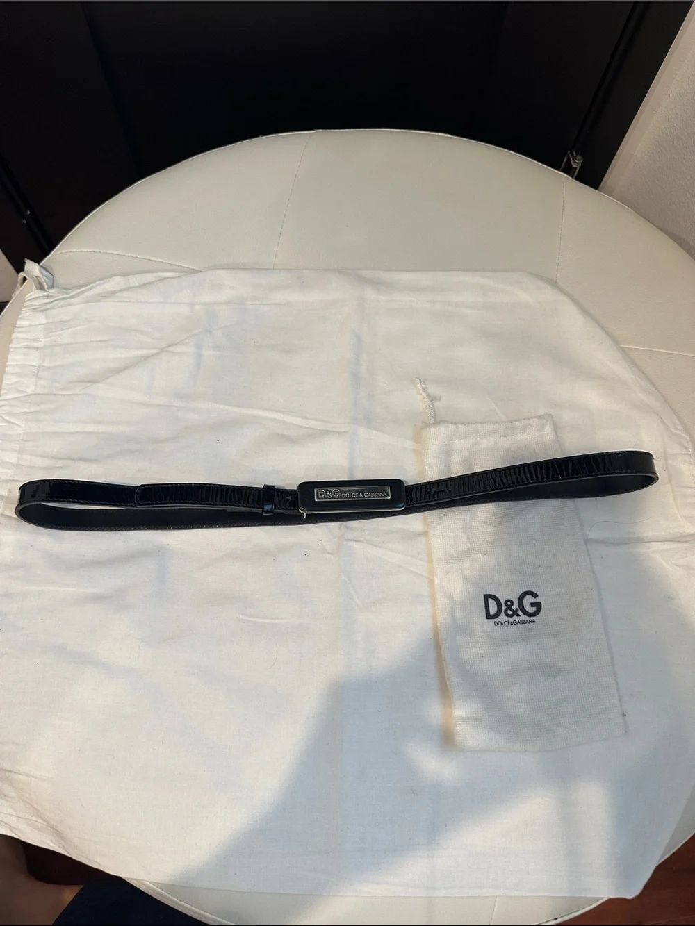 D&G Dolce & Gabbana Black Patent Leather Belt Logo Buckle Size 90